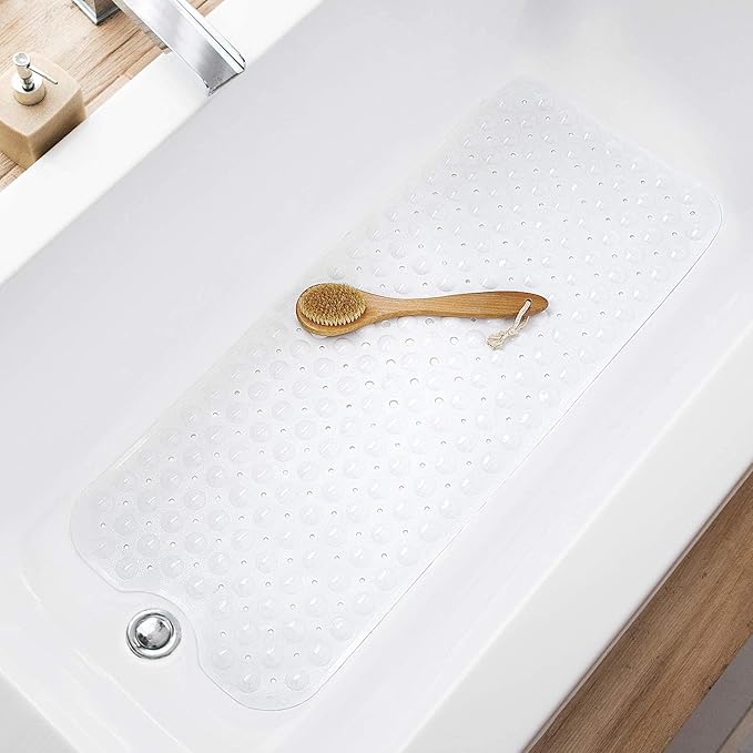Bath Tub and Shower Mats, Non-Slip 39 x 16 Inch Extra Long Bathtub Mat, Machine Washable BathMat with Drain Holes, Suction Cups for Bathroom (Opaque White)