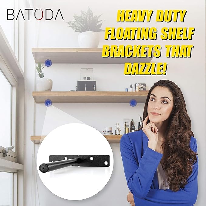 BATODA - 8" Floating Shelf Bracket Heavy Duty (16 pcs)–Solid Steel Blind Shelf Supports - Hidden Brackets for Floating Wood Shelves - Blind Shelf Support Shelving Mounting Hardware Included (Pack 16)
