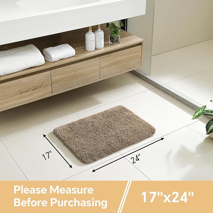 Light Brown Bathroom Rugs 17"x24" - High-Density Microfiber Bath Mat, Fluffy Non Slip Absorbent and Washable Bathroom Mat - Ideal for Small Spaces, Vanity, Toilet, or Pet Mat