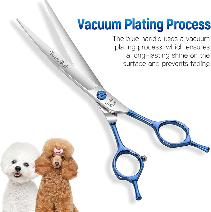 Fenice Peak Grooming Scissors for Dogs 7 inch Curved Pet Grooming Scissors Ergonomically Designed Blue Handles Ideal Dog Shears for Precise Trimming Easy Use.
