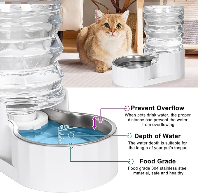 RIZZARI Automatic Dog Water Bowl: 5L Gravity Stainless Steel Cat Water Dispenser - with Two Caps and Filters for 8-20 LB Elderly Dogs with Spinal Problems - for Kitchen Bedroom