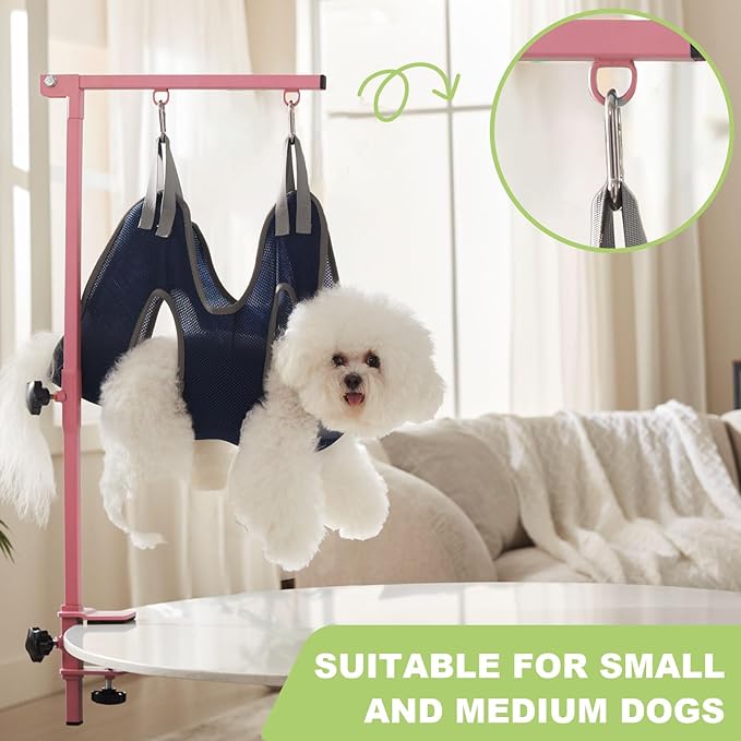 Home Dog Grooming Table Arm with Hammock 35" Height Adjustable Dog Grooming Arm with Clamp No-Sit Haunch Holders Durable Pink(Grooming Table Not Included)