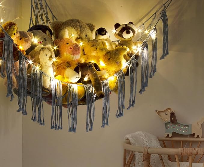 RelaxScene Stuffed Animal Storage Hammock Corner X-Large with LED Light - Baby Hammock Hanging Holder Plushies Net for Stuff Animals Organizer - Cute Room Decor Aesthetic Kids Toddler Nursery Bedroom