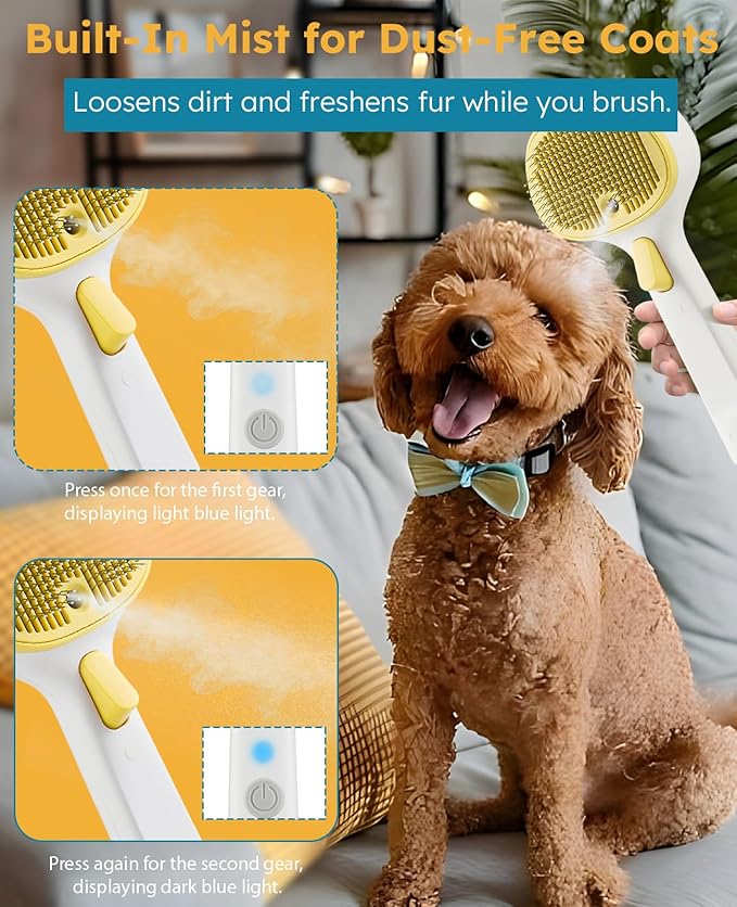 3-in-1 Anti-static Cat Steam Brush & Deshedding Tool - Cat Brush for Long/Short Hair, Reduces 95% Shedding, Easy Clean Grooming Supplies for Pet Owners (Yellow - Long Head)