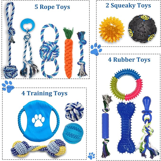 Mnubsrva Dog Toys 15 Pack for Teeth Cleaning and Fun, Puppy Teething Chew Toys Interactive Rope Squeaky Treat Balls & Rubber Tous Bulk– Variety Dog Gifts Set Reduce Anxiety & Save Furniture