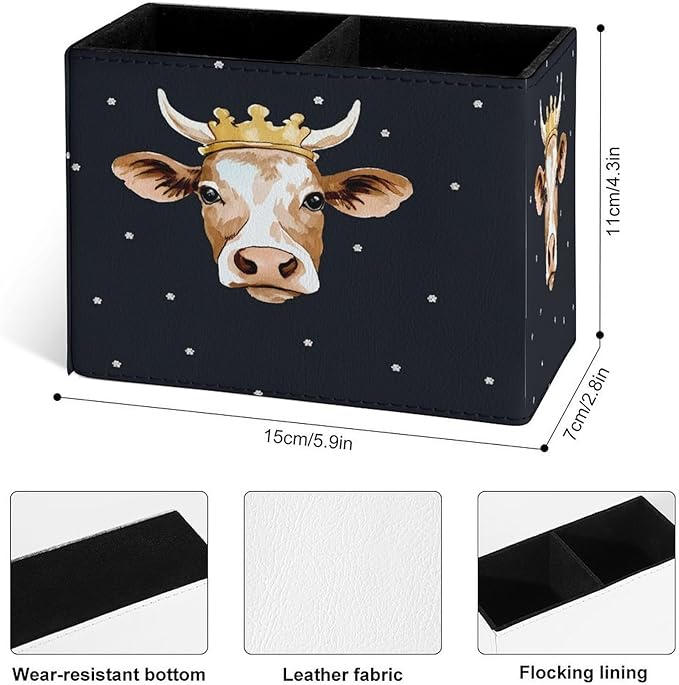 Famame Crown Cow Head Pencil Holder for Desk, Leather Desktop Container Pen Cup Storage Study Table Pen Organizer Makeup Brush Holder for Classroom Office Home