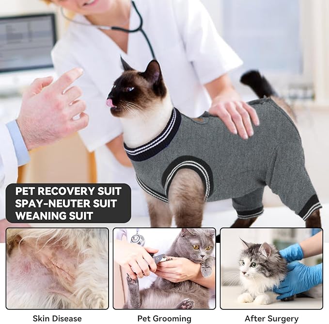 T'CHAQUE Cat Surgery Recovery Suit for Female Male, Cat Onesie Pet Surgical Pajamas Hind Legs Long Sleeve, Abdominal Wound Skin Diseases, E-Collar Alternative, Spay/Neuter Recovery Suit, Gray-S