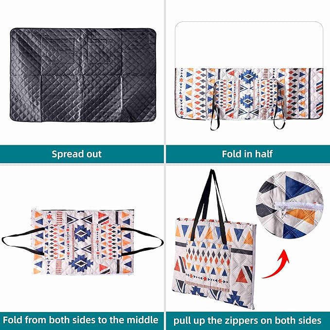 Outdoor Packable Picnic Blanket with Zipper Folds into Tote Bag with Large Storage and Shoulder Strap, Waterproof Sandproof for Lawn Beach Hiking Camping (colorful1, Small)