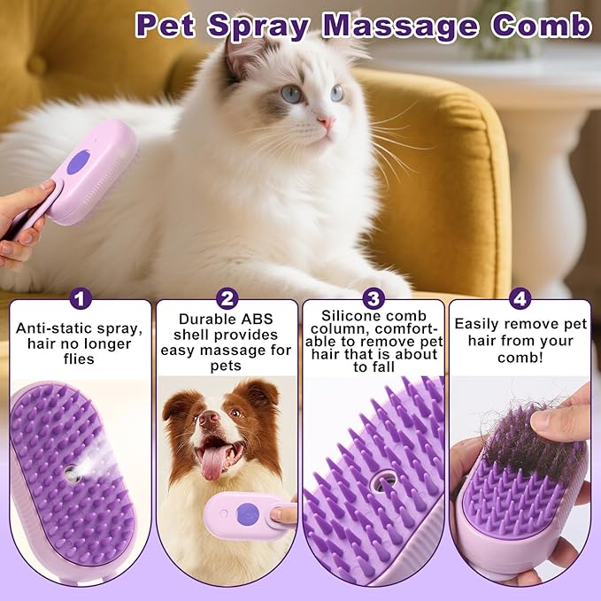 4-in-1 Pet Steam Brush for Dogs & Cats - Anti-Static Deshedding Grooming Tool with Massage & Cleaning for Long/Short Hair | Micro-B Rechargeable (Purple)