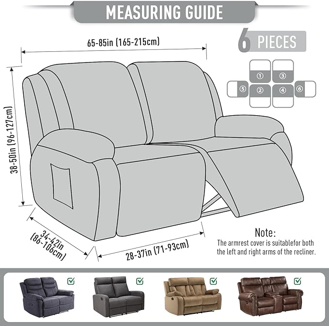 TAOCOCO Recliner Loveseat Slipcover, 6 Pieces Dual Recliner Sofa Covers for 2 Seat Dual Reclining Loveseat Couch, Stretch Soft Jacquard Pattern Furniture Protector with Elasticity (2XL, Dusty Grey)