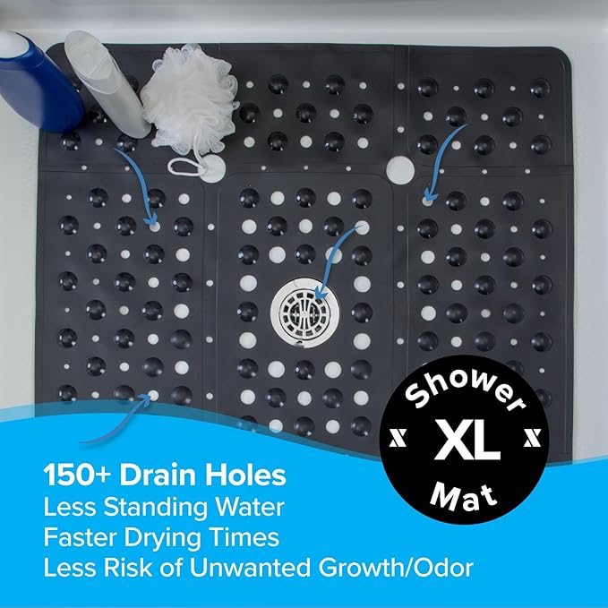 SlipX Solutions 27" Oversize Square Shower Mat, Non-Slip Mat for Elderly & Kids, 100+ Power Grip Suction Cups for Smooth Surfaces, Machine Washable, Black