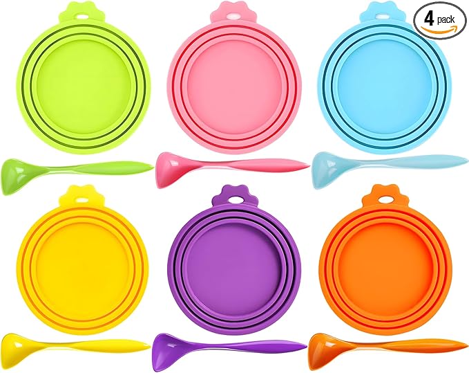 6-Pack Pet Food Can Lids, Silicone Dog Food Lids for Cans, Universal Wet Cat Food Lid Covers, Leakproof Reusable Plastic Can Covers, One Fits 3 Standard Sizes with Matching Scoops, Multicolored