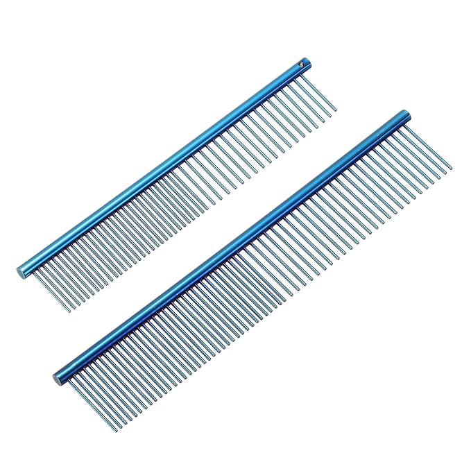 PETAXCELL Dog Cat Comb, Pet Combs Stainless Steel Teeth with Rounded Ends for Knots Mats Loose Hair Removal, 6.5/7.5IN (Blue Plated, 2 Pack), Grooming Tool Intended for Long Curly Hair Pet