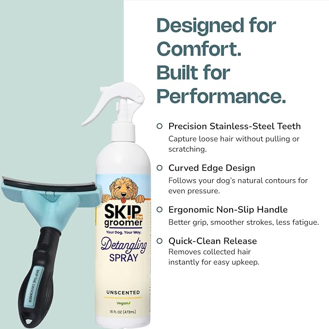 Skip The Groomer FurFix De-Shed Brush for Dogs, Stainless-Steel Deshedding Tool for Loose Fur & Undercoat Removal, Curved Edge Design, Ergonomic Non-Slip Handle, Quick-Clean Release