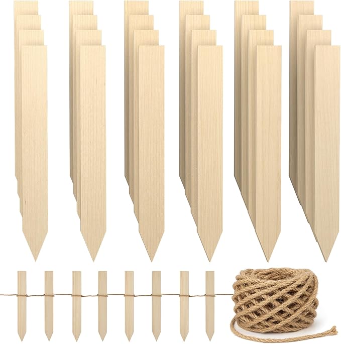 24 Pcs 11.4 Inch Wooden Garden Stakes with 65 Feet Jute Twine, Survey Grading Stakes, Plant Support Stake, Sign Posts for Silt Fence Yard Farm Boundaries Baselines, Garden Decoration