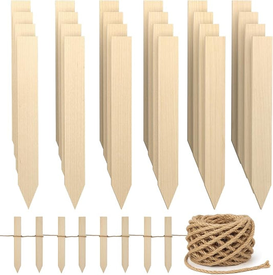 24 Pcs 11.4 Inch Wooden Garden Stakes with 65 Feet Jute Twine, Survey Grading Stakes, Plant Support Stake, Sign Posts for Silt Fence Yard Farm Boundaries Baselines, Garden Decoration