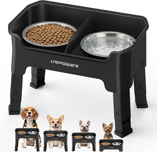 URPOWER Mess Proof Elevated Dog Bowls 4 Height Adjustable Raised Bowl Stand with 2 Stainless Steel Dog Bowls Non-Slip Food and Water Bowl Set for Small and Medium Dogs