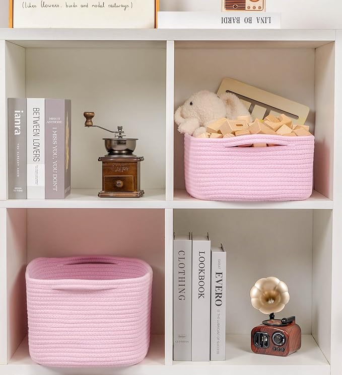 CubesLand Cute and Durable Small Cotton Rope Basket for Organizing, Woven Closet Storage Bin,Shelves Closet Storage Basket, Bathroom Storage Organizer Bin, Nursery Toy Basket Bin, Pink Basket