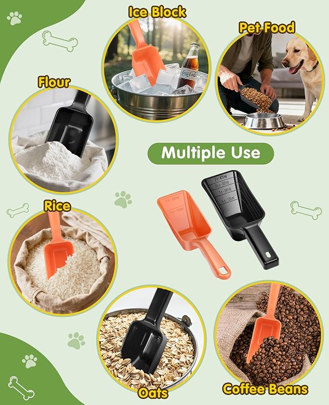 GNEOCO 2 Pack Dog Food Scoop with 1 Cup and 2 Cup Capacity, Plastic Pet Food Measuring Scoops with Clear Measurement Lines for Dogs, Cats & More,Dishwasher safe (Orange and Black)