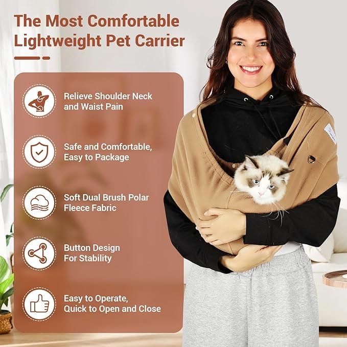 Hands-Free Cat Sling Carrier, Ultra-Soft Polar Fleece Pet Sling for Small Dogs & Cats 3-14 lbs, Machine Washable for Indoor Snuggling & Outdoor Use (Large, Khaki)