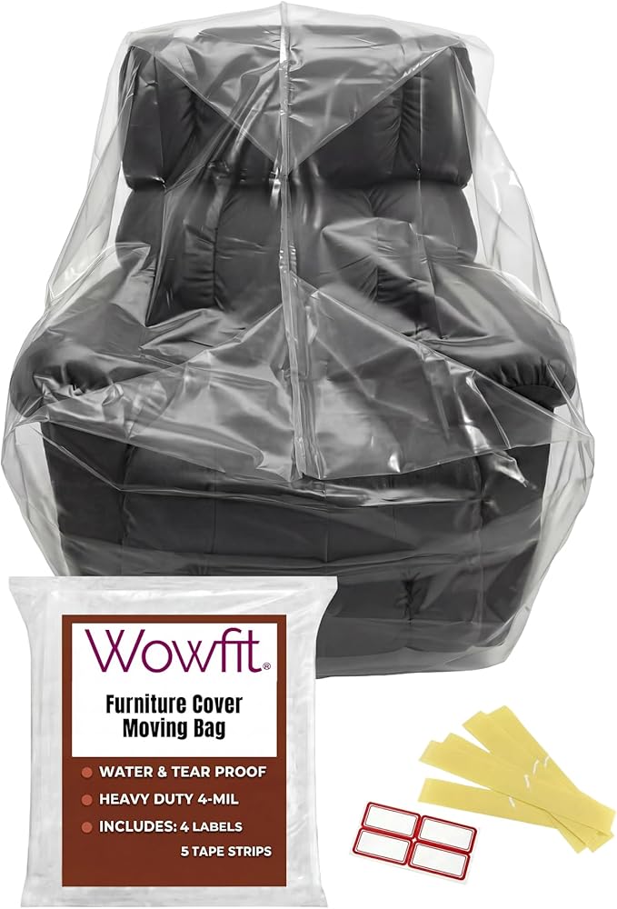 Wowfit Furniture Cover Dust-Proof Moving Bag for Chairs, Recliners & Boxes – Clear, Odorless Plastic - 4mil-Thick - 34W x 42.1D x 65/48H Inches