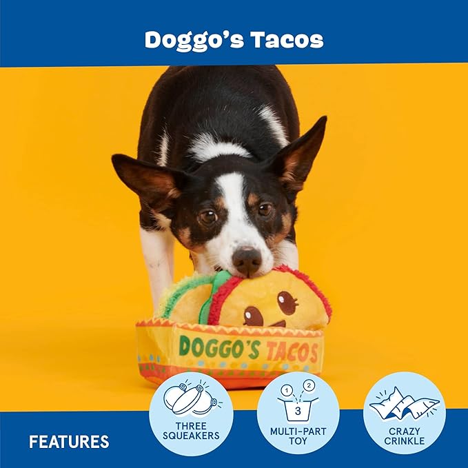 Barkbox Doggo’s Tacos 3-in-1 Squeaky Plush Dog Toy – Multi-Part Interactive Toy with Crinkle Taco Holder & Three Squeakers – Fun Play for Small to Medium Dogs