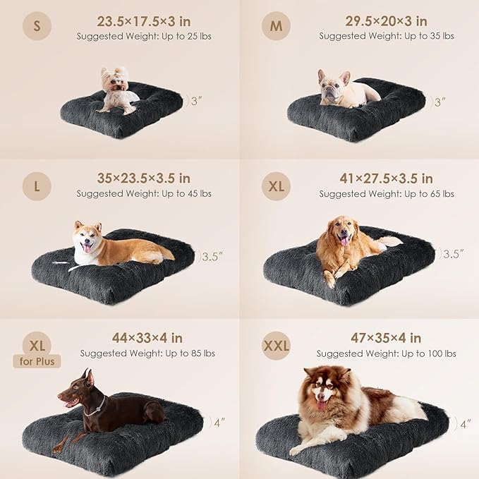 EHEYCIGA Fluffy Dog Crate Bed for Extra Large Dogs, Plush Faux Fur XLP Pad, Calming Anti Anxiety XL Plus Bed for Crate, Washable Soft Warm Dog Mat with Non-Slip Bottom, Dark Grey