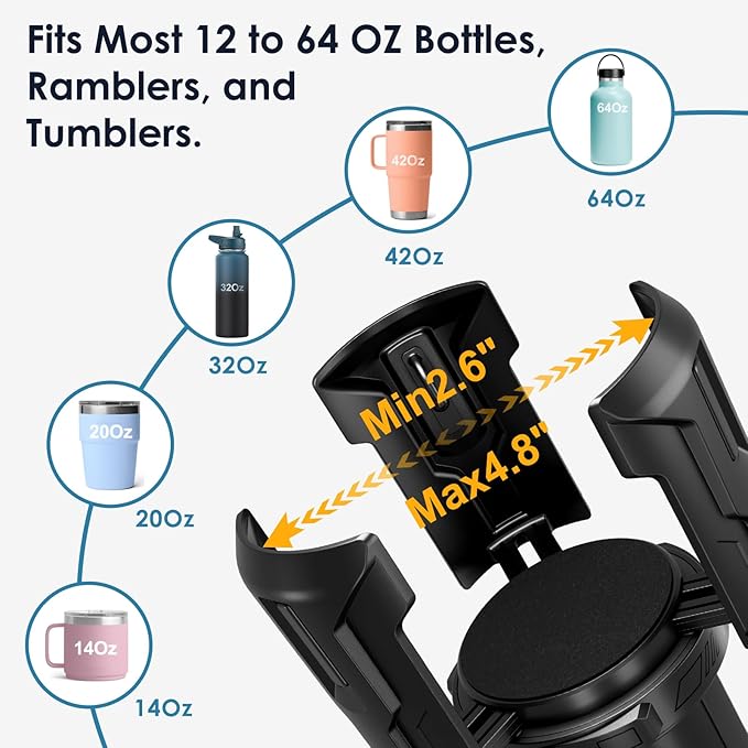 2Pack Cup Holder Expander, Car Cup Holder Expander Compatible with Yeti, Hydro Flask, Nalgene, Takeya, Camelbak, Owala Tumblers, Ramblers, Mugs, Large Bottles in 2.6"- 4.8", No Tools Required