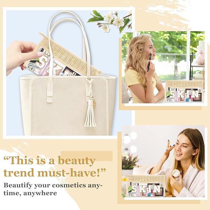 Clear Makeup Letter Patch Makeup Bag SKIN Pouch, Boho Clear Toiletry Bags Travel Small Cute Stadium Chenille Letter Cosmetic Zipper Pouch Purse, Women Transparent Waterproof Makeup Organizer Bag(SKIN)
