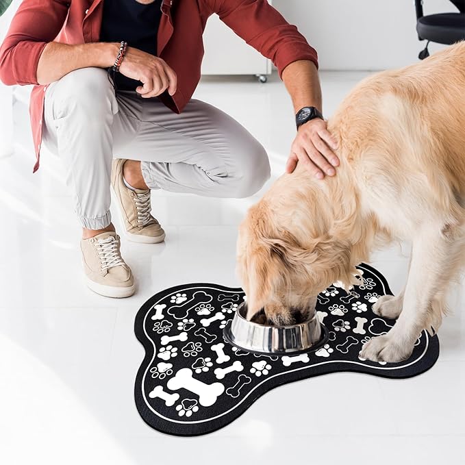 Dog & Cat Food Mat Bone Shaped Pet Feeding Mat Quick Absorb Water Bowl Placemat with Rubber Backing Indoor Floor Stain Resistant Pet Accessory Supplies (Black, 16x24 Inches)