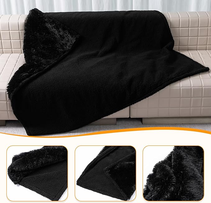Wowchine Calming Fleece Cat Blankets Black Waterproof Pets Blanket for Dogs Reversible Long Faux Fur Puppy Throw Blankets(Black,L)