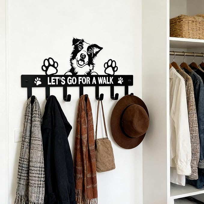 Border Collie Key Holder Wall Mount, Dog Leash Holder for Wall with 7 Hooks, Let‘s Go for a Walk Sign, Metal Black Entryway Key Rack, Front Door Small Car Key Hanger, Collie Decor & Gifts