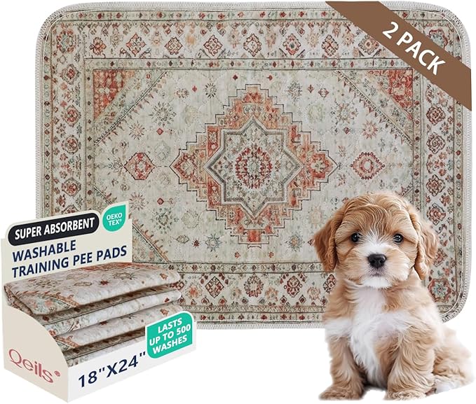 Qeils Washable Pee Pads, Reusable Puppy Pads Super Absorbent Leakproof Dog Training Pads, Non-Slip Wee Wee Pads for Crate, Floor, Potty Pads Feeding Mat Dog Pee 2 Pack 18"x24"