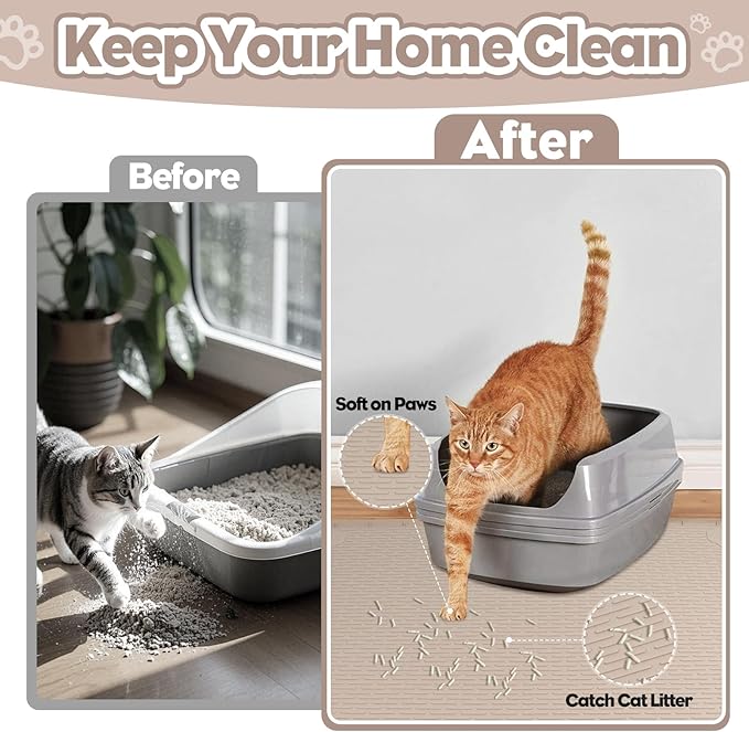 Bartuke Cat Litter Mat, Extra Large 40" x 28" Silicone Mat Litter Trapping Mat for Scatter Control, Soft on Kitty Paws, Easy to Clean (Khaki)