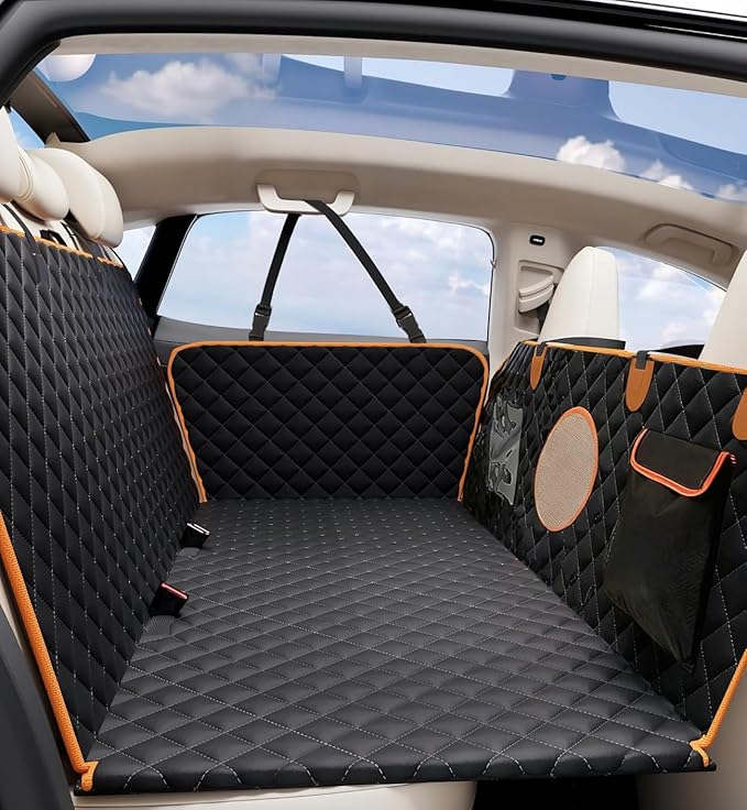 KONNAO Dog Car Seat Cover for Back Seat, Hard Bottom Back Seat Extender for Dogs, Holds 420lbs, Waterproof Pet Hammock Protector, Thick and Durable Dog Seat Cover for Truck, Car, SUV-Black