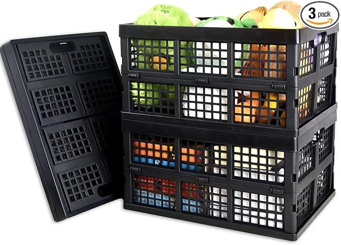 CONLI 3 Pack 34L Large Plastic Folding Crates for Storage, Collapsible Crate for Storing Food Bottle Toy Book Rectangular Storage Crate for Home Office Kitchen Classroom