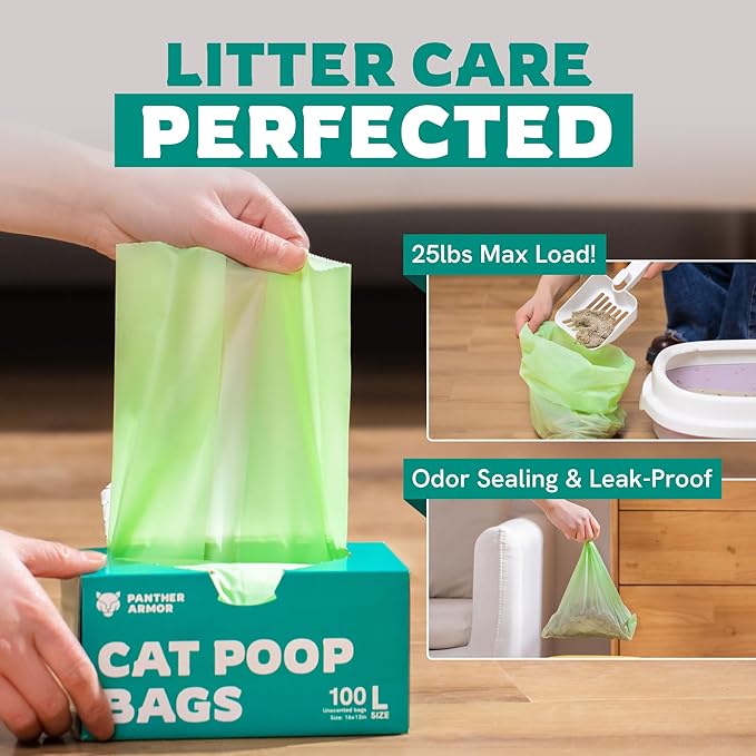 Panther Armor Poop Bags - 200x Cat Litter Bags for Poop - 13x9in Kitty Unscented Leak Proof trash bag - Box Trash Bags - Odor Proof Trash Disposal System