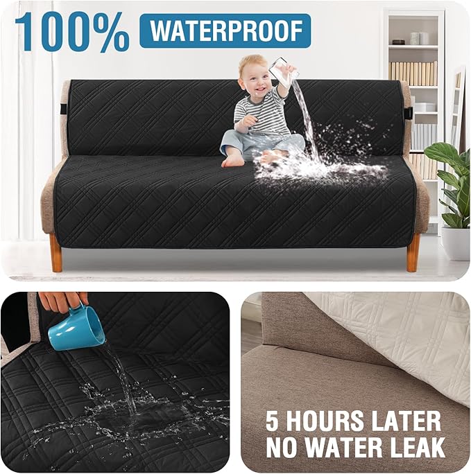 H.VERSAILTEX 100% Waterproof Futon Slipcovers Reversible Couch Cover Armless Futon Covers Slipcover Furniture Protector with Adjustable Elastic Strap Non-Slip Pets Covers, Black/Beige