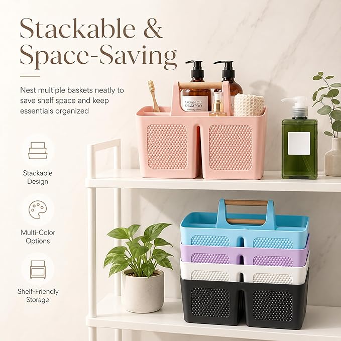 Haundry Portable Shower Caddy Basket with Handle, 3-Compartment Plastic Bathroom Organizer, Dorm Shower Basket for College Students, Quick Drain Storage Tote for Toiletries, Camping, Gym, RV