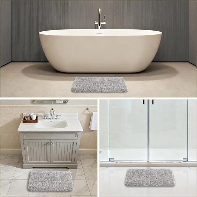 Light Gray Bathroom Rugs 17"x24" - High-Density Microfiber Bath Mat, Fluffy Non Slip Absorbent and Washable Bathroom Mat - Ideal for Small Spaces, Vanity, Toilet, or Pet Mat