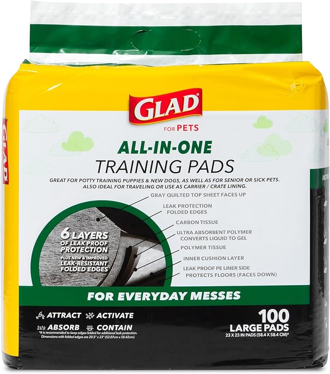 Glad for Pets Black Charcoal Puppy Pads, 6-Layer Leak-Proof Design with Activated Carbon Odor Control and Pheromone Attractant, Disposable Dog Pee Pads for Potty Training, 23 x 23 in, 100 Count - 2 Pk