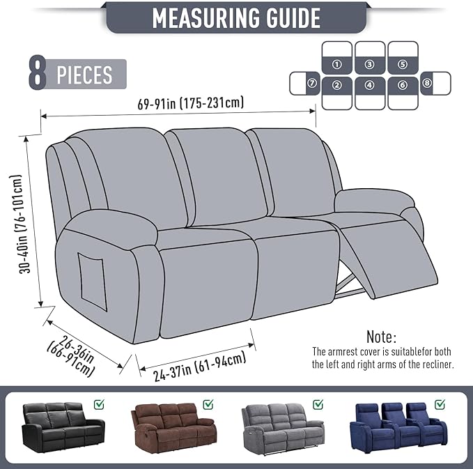 TAOCOCO Recliner Sofa Covers 8-Pieces Stretch Large Couch Covers for 3 Seats Reclining Slipcovers Soft Jacquard Pattern Furniture Protector (Grey)