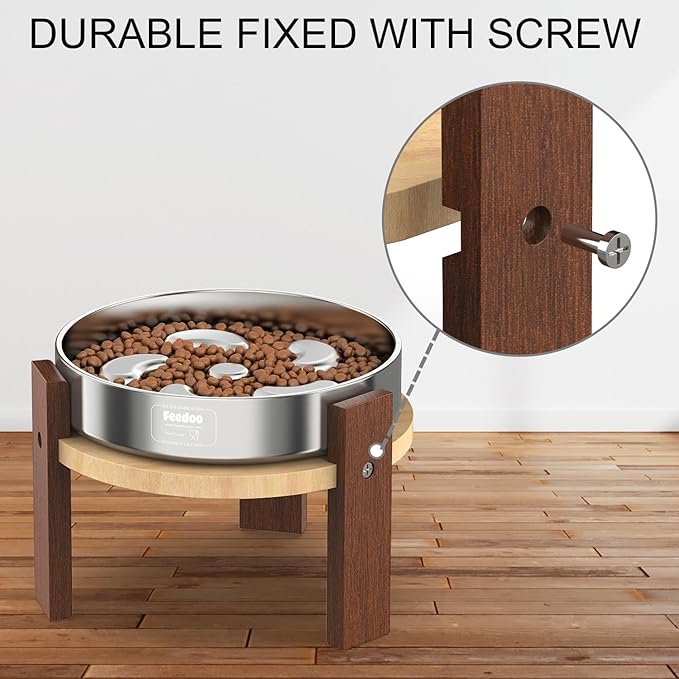 Feedoo Elevated Dog Bowl Stand, 6 Inch Height Raised Stand for Medium&Small Dogs, Includes 2Cups Stainless Steel Slow Feeder Dog Bowl, Durable Solid Hardwood