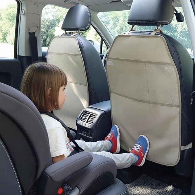 Viaviat Car Seat Protector Large Kick Mat 2 Pack Durable Water Resistant Auto Seat Back Covers with 2 Mesh Pockets Protection Against Dust Mud Scratches (Beige-A, 2-Pack)