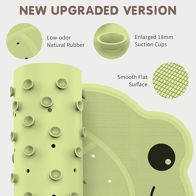 Upgraded Kids Bathtub Mat Non Slip, Low-Odor Natural Rubber Bath Mat with Strong 18mm Suction Cups, Flat Non-Slip Surface, 30"x18" Cute Frog Design, Shower Mat Fast Draining for Smooth Tubs, Green