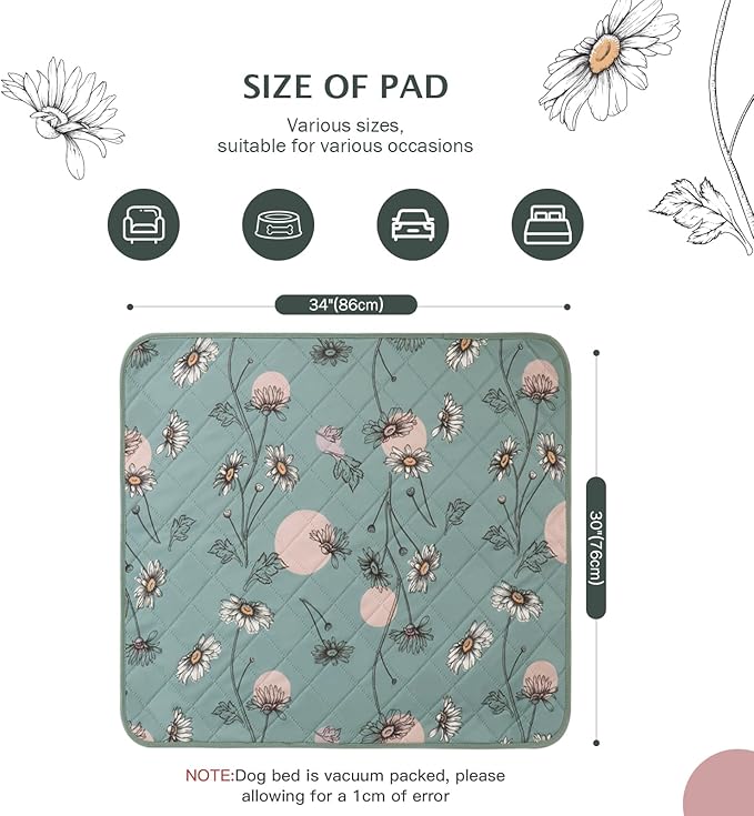 IEUUMLER Washable Pee Pads for Dogs, 2 Pack Non-Slip & Waterproof Pack Whelping Pad, Reusable Washable Puppy Potty Training Pad with Fast Absorbent for Playpen EU007 (Green Daisy, 30"X34"-2pcs)