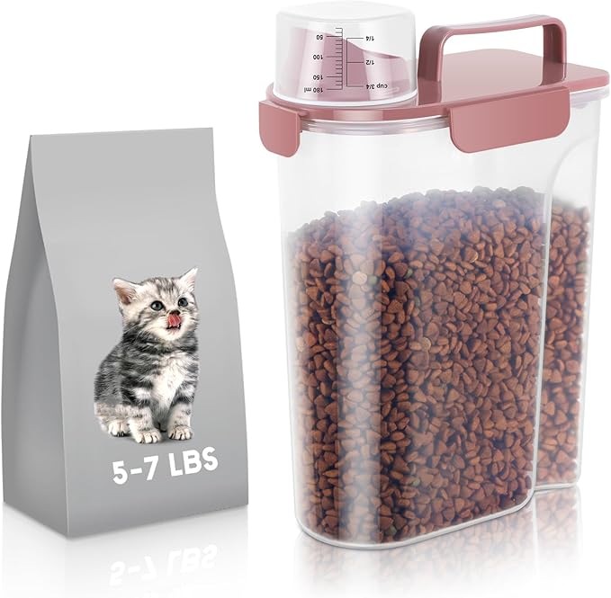 LEAWALK 5-7Lbs Cat Dog Storage Container, Portable Pet Food Containers with Upgraded Large Spout and Cup, Small Animal Kibble Dispenser for Bird Seed, Oatmeal, Rice, Flour (1, Pink, 5L)