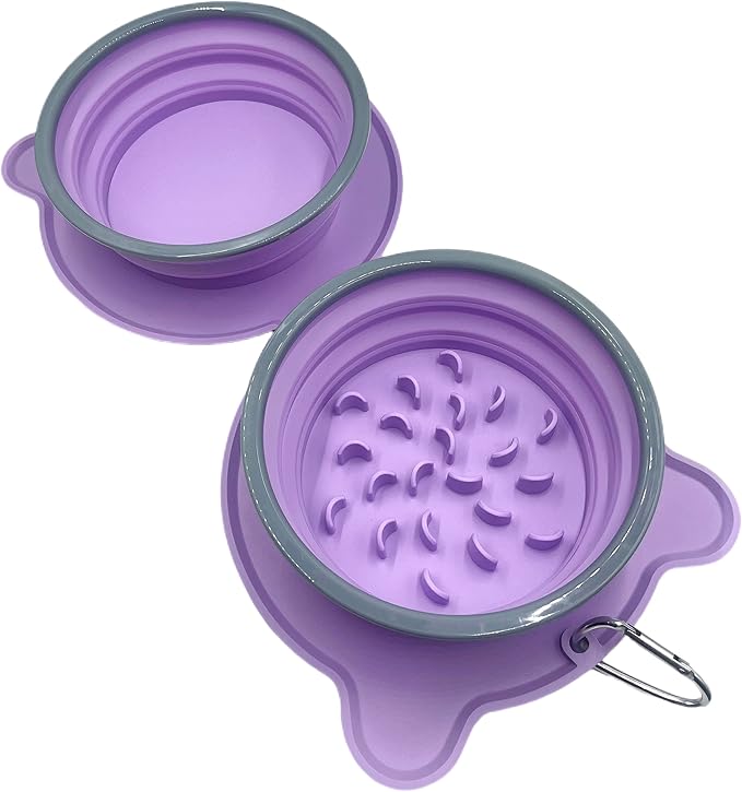 Collapsible Dog Bowls, 2-in-1 Silicone Pet Food and Water Bowl with Carabiner - Portable Double Compartment Travel Dish for Dogs, Ideal for Camping, Hiking, Car Rides, Puppy Essentials (Purple)