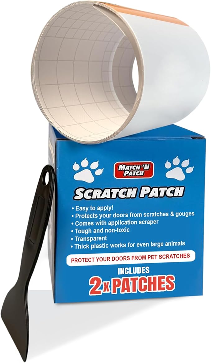 MATCH 'N PATCH Door Protector – Scratch Protectors for Pets – Transparent Shield for Pet Scratches - Self-Adhesive & Easy to Apply, Includes Application Scraper – 34.5 x 4 Inches, 2 Patches