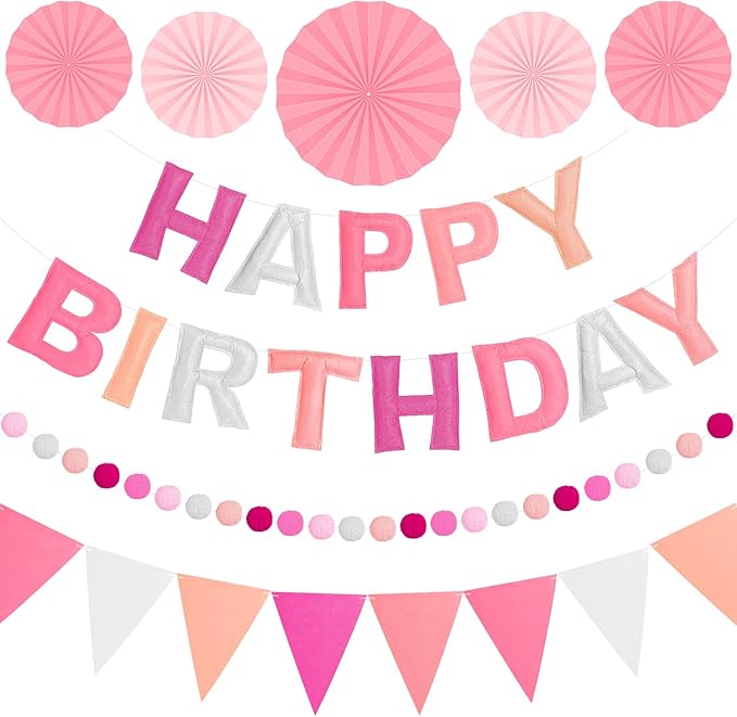 Pre-Strung 3D Felt Happy Birthday Banner, Reusable Pink Birthday Party Decorations for Women, Happy Birthday Sign with Felt Ball Garland, Pennant Flag, Hanging Paper Fans